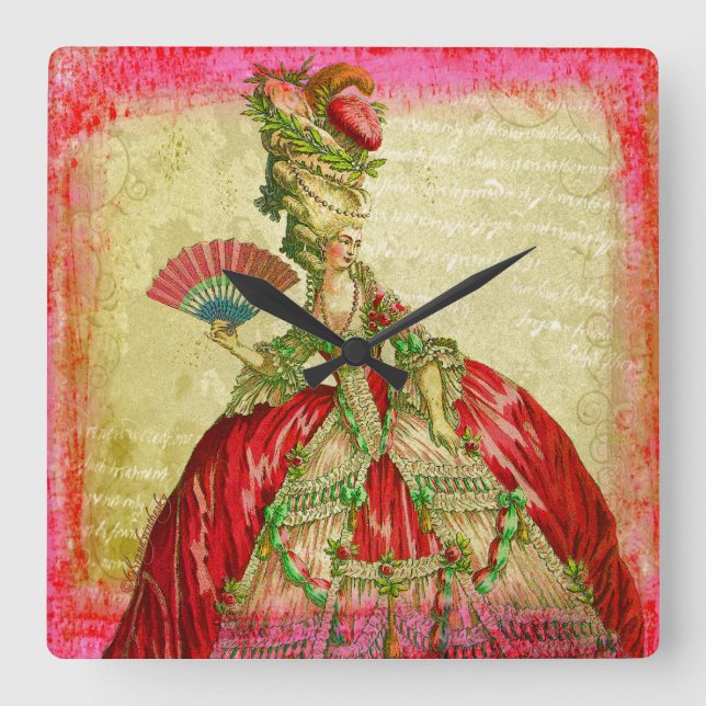 Marie Antoinette Parchment Pink Grunge Collage Art Square Wall Clock (Front)
