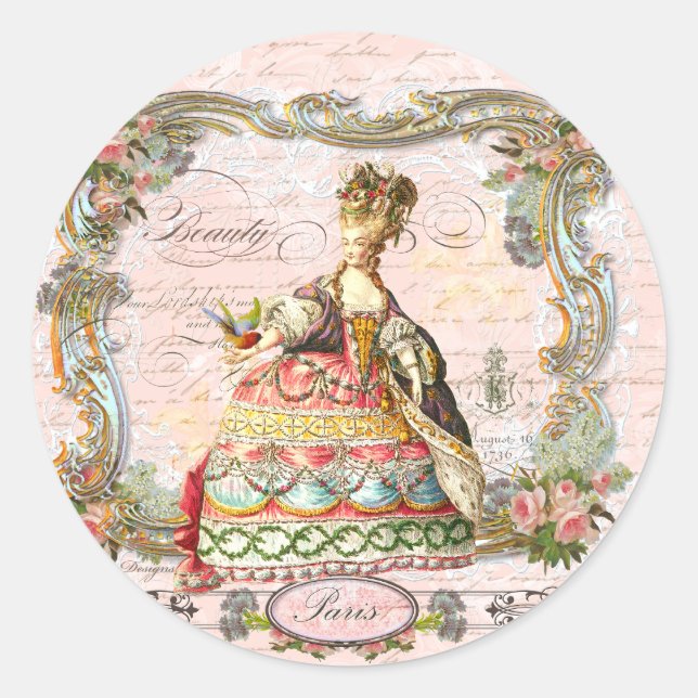 Marie Antoinette Paris Pink Roses Classic Round Sticker (Front)