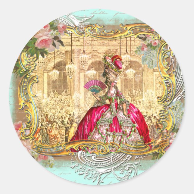 Marie Antoinette Party at Versailles in Aqua Classic Round Sticker (Front)
