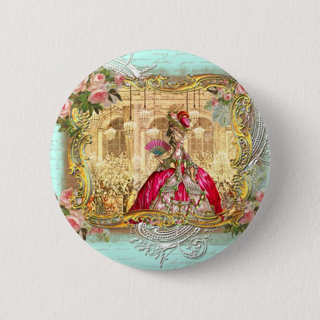 Marie Antoinette Party at Versailles in Aqua Pinback Button (Front)