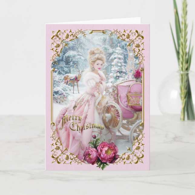 Marie Antoinette Pink carriage deer Christmas card (Front)