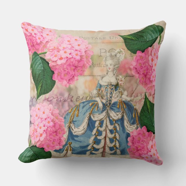 Marie Antoinette Pink Hydrangeas Throw Pillow (Front)