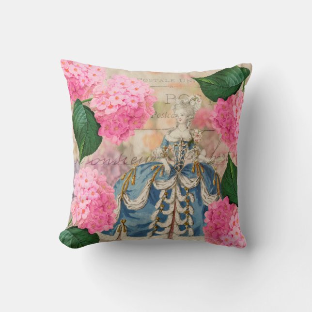 Marie Antoinette Pink Hydrangeas Throw Pillow (Front)