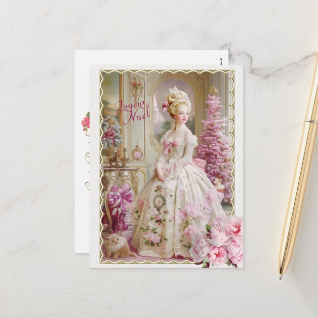 Marie Antoinette pink tree Roses cat Christmas  Holiday Postcard (Front/Back In Situ)