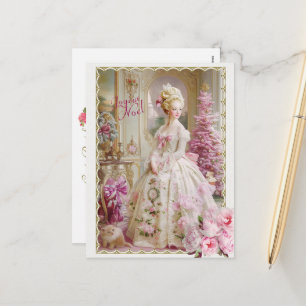 Marie Antoinette pink tree Roses cat Christmas Holiday Postcard