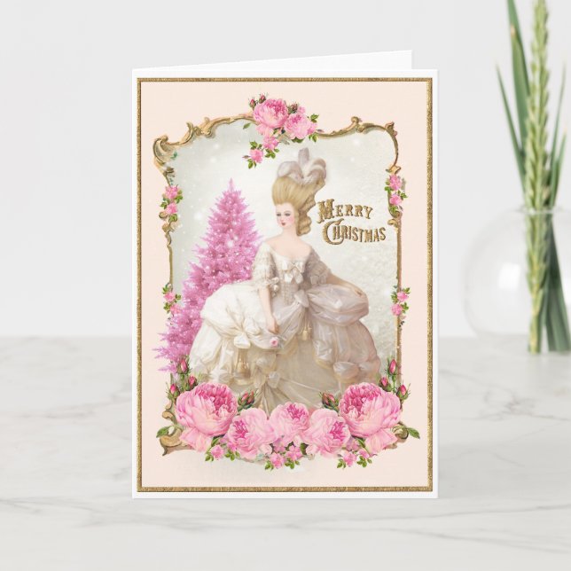 Marie Antoinette Pink Tree Roses Christmas Card (Front)