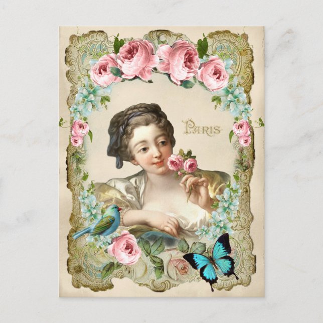 Marie Antoinette Rococo Rose Girl Bird Postcard (Front)