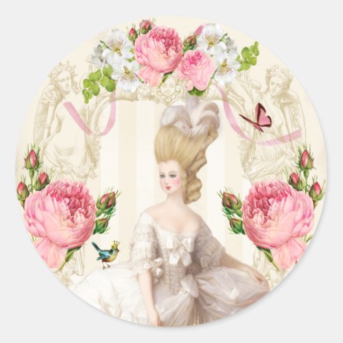 Marie Antoinette White Dress Pink Roses Classic Round Sticker
