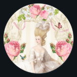 Marie Antoinette White Dress& Pink Roses Classic Round Sticker<br><div class="desc">Marie Antoinette White Dress& Pink Roses stickers シール</div>