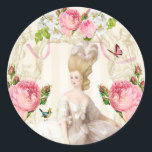 Marie Antoinette White Dress& Pink Roses Classic Round Sticker<br><div class="desc">Marie Antoinette White Dress& Pink Roses stickers シール</div>