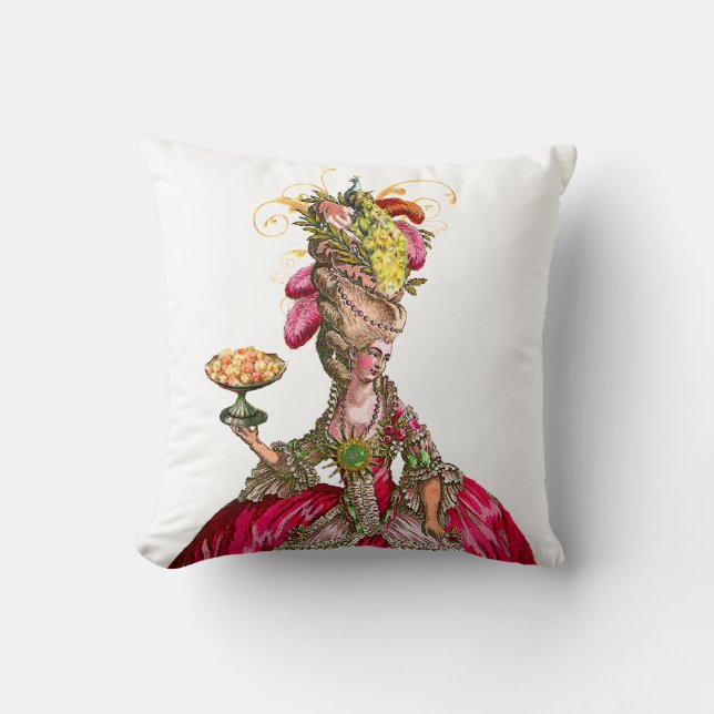 Marie Antoinette with Cakes and Peacock Throw Pillow (Front)