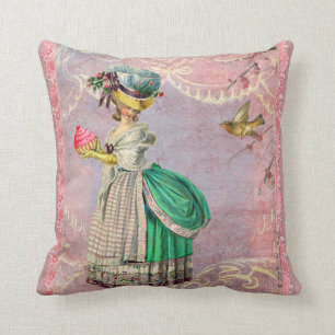 Marie Antoinette with Cupcake & Bird Throw Pillow