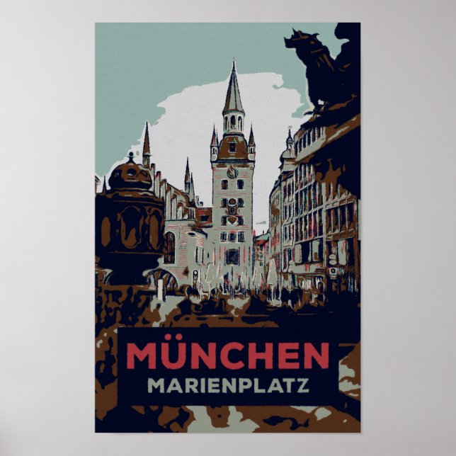 Marienplatz, Munich City Center Illustration Poster (Front)