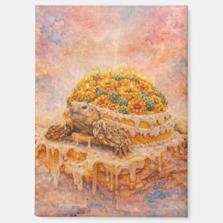 Marigold and cactus Sulcata Tortoise birthday cake Magnet