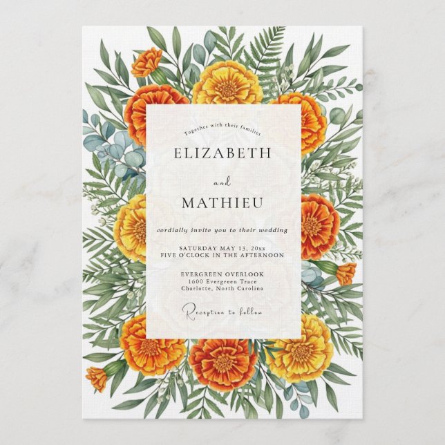 Marigold Artistic Botanical Wedding Invitation (Front)