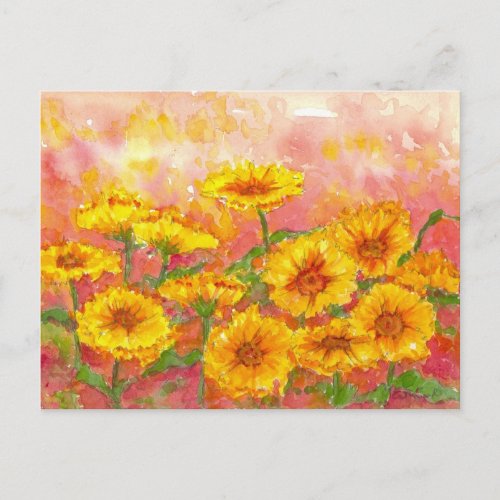 Marigold Autumn Flower Watercolor Garden Art Postcard