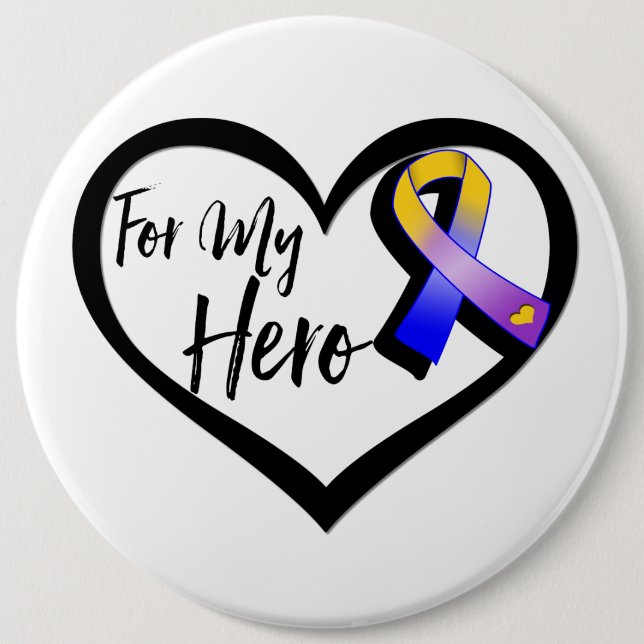 Marigold Blue and Purple Ribbon For My Hero Button (Front)