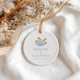Marigold Blue Folk Floral Personalized Wedding Ceramic Ornament