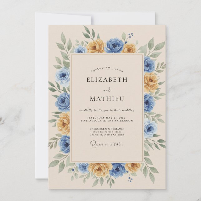 Marigold Blue Rustic Botanical Wedding Invitation (Front)