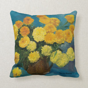 Marigold Bouquet--Blue Backing Throw Pillow