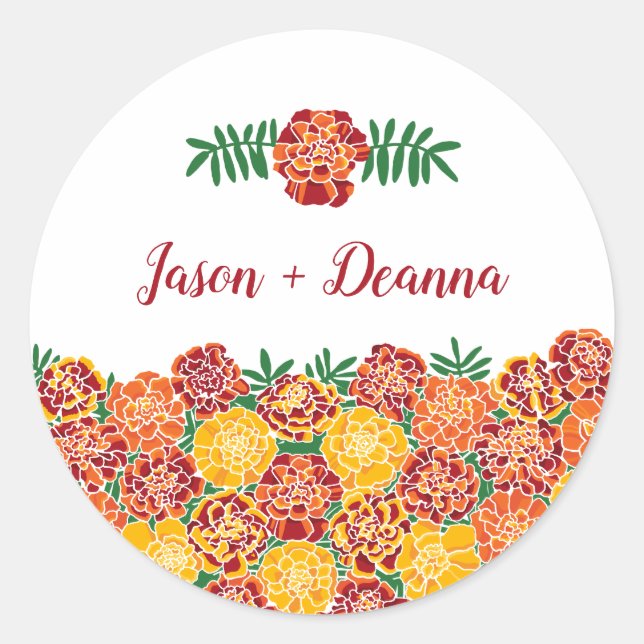 Marigold Bright Floral Add Couple's Names Classic Round Sticker (Front)