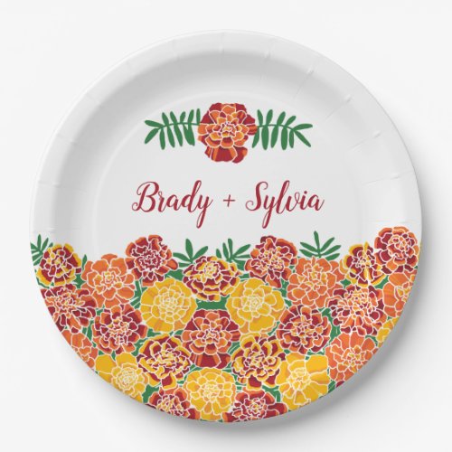 Marigold Bright Floral Add Couples Names Paper Plates