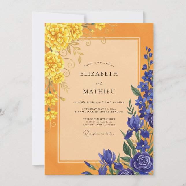 Marigold Cobalt Petal Wedding Invitation (Front)