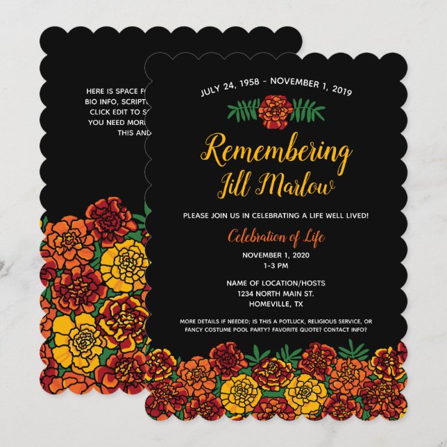 Marigold Floral Memorial Service Celebration Black Invitation (Front/Back)