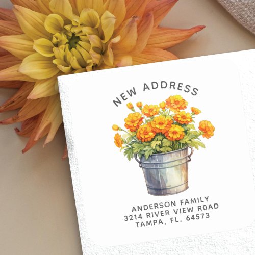 Marigold Floral New Address Square Sticker