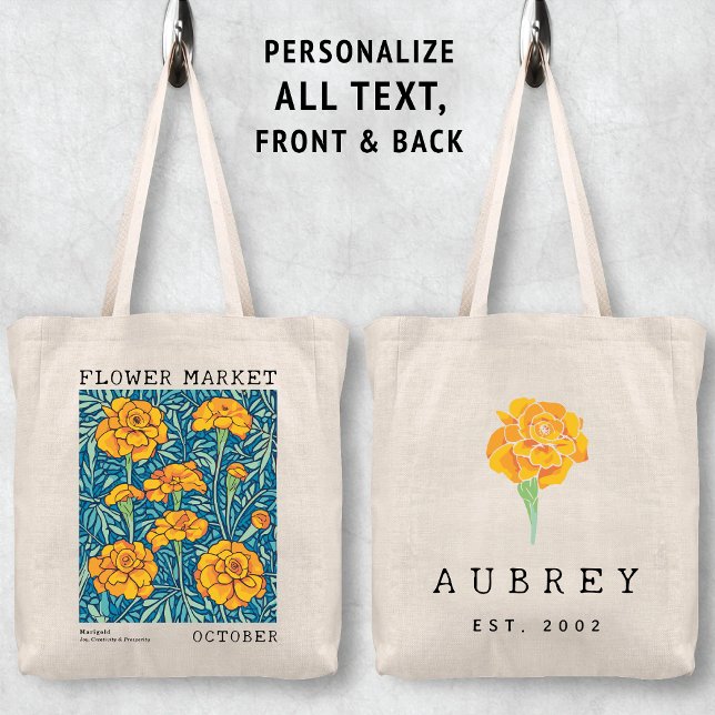 Marigold Floral October Birth Flower Market Name Tote Bag (Personalized October Birth Flower Market Tote Bag, Custom Name Bag, Bachelorette Bridesmaid Gifts )