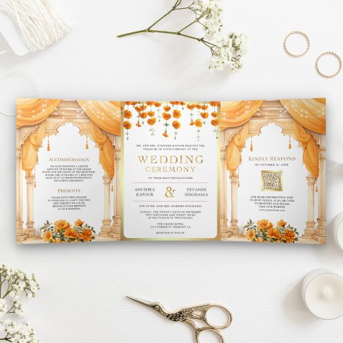 Marigold Floral South Indian Mandap Hindu Wedding Tri_Fold Invitation