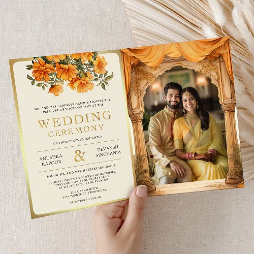 Marigold Floral Yellow South Indian Mandap Wedding Invitation