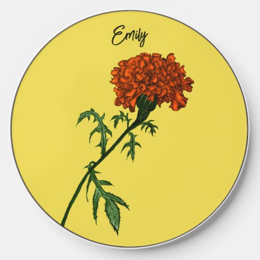 Marigold Flower Botanical Bloom Drawing Name Wireless Charger (Front)
