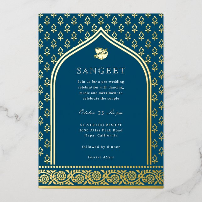 Marigold Flower Indian Floral Sangeet Gold Foil Invitation (Front)