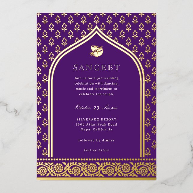Marigold Flower Indian Floral Sangeet Gold Foil Invitation (Front)