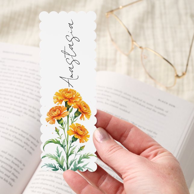 Marigold Flower October Birth Month Name Script Bookmarks (Hand)
