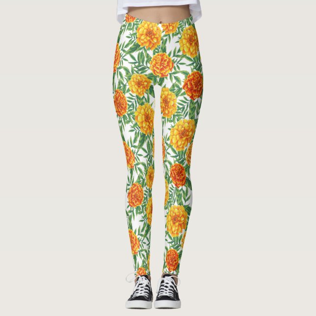 Marigold Flower Pattern Leggings (Front)