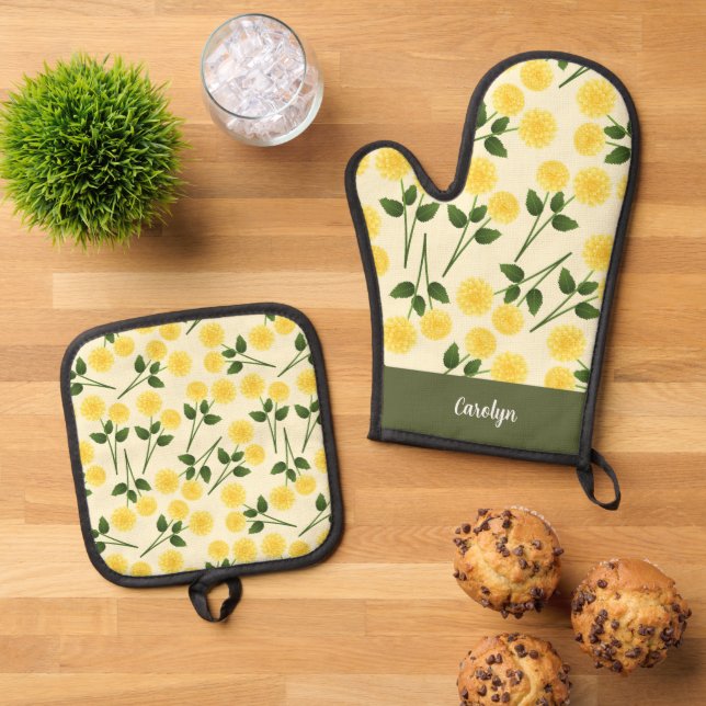 Marigold Flowers Green Leaves Custom Name Oven Mitt & Pot Holder Set (Top Down)