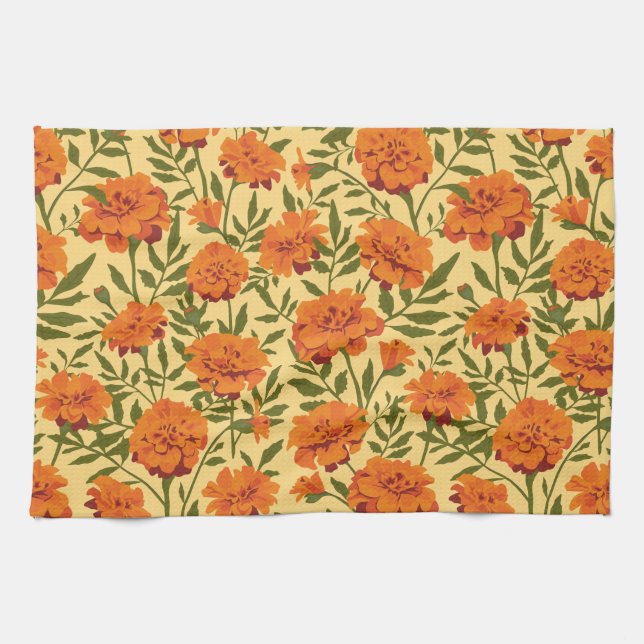 Marigold Flowers Pattern Kitchen Towel (Horizontal)
