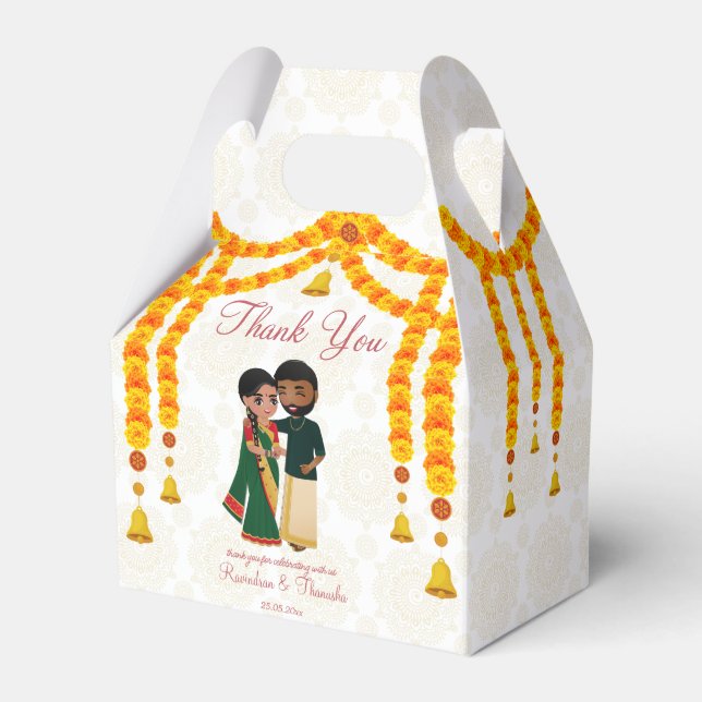Marigold garlands bells with Tamil Telugu custom Favor Boxes (Front Side)