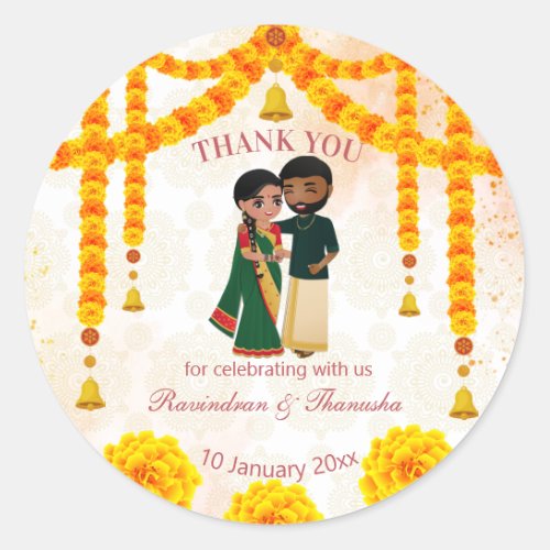 Marigold garlands bells with Tamil Telugu wedding Classic Round Sticker