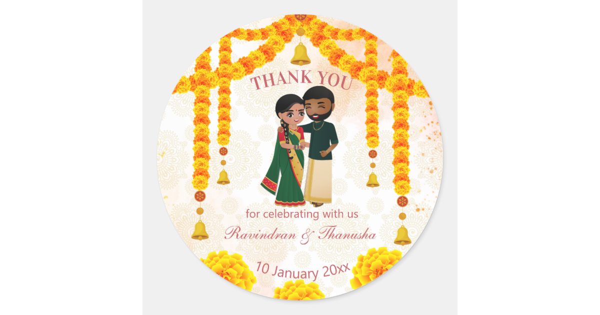 Marigold garlands bells with Tamil Telugu wedding Classic Round Sticker