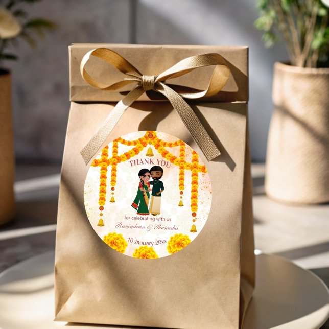 Marigold garlands bells with Tamil Telugu wedding Classic Round Sticker (Marigold garlands bells with Tamil Telugu wedding Classic Round Sticker)