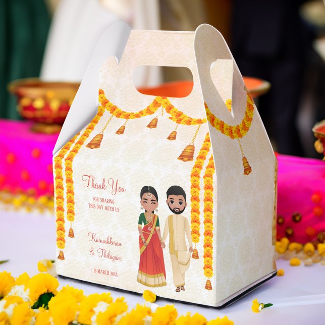Marigold garlands bells with Tamil Telugu wedding  Favor Boxes (Tamil South Indian wedding favor gift boxes marigold garlands cute Tamil bridal couple cartoon box)