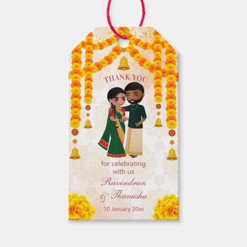 Marigold garlands bells with Tamil Telugu wedding Gift Tags