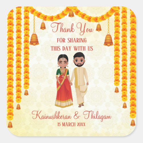 Marigold garlands bells with Tamil Telugu wedding  Square Sticker