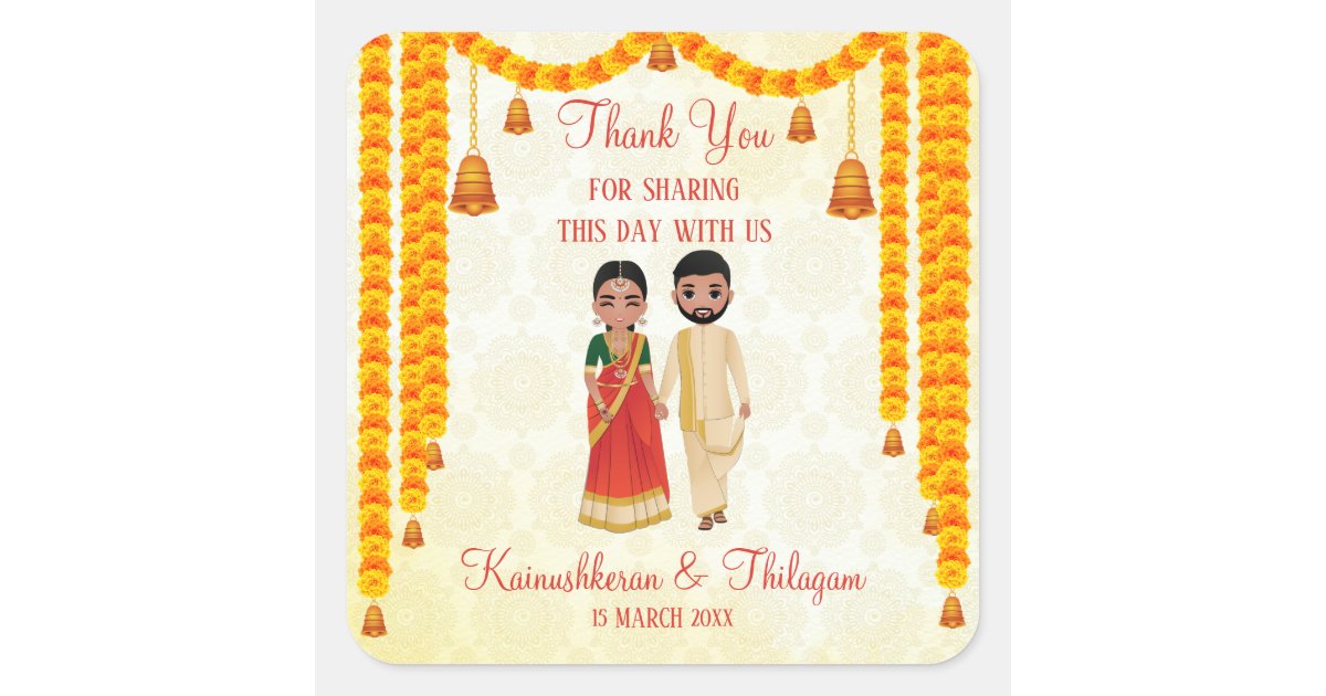 Marigold garlands bells with Tamil Telugu wedding Square Sticker Zazzle