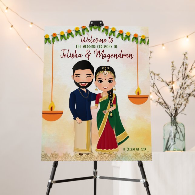 Marigold garlands Tamil wedding welcome sign (In Situ (Stand))