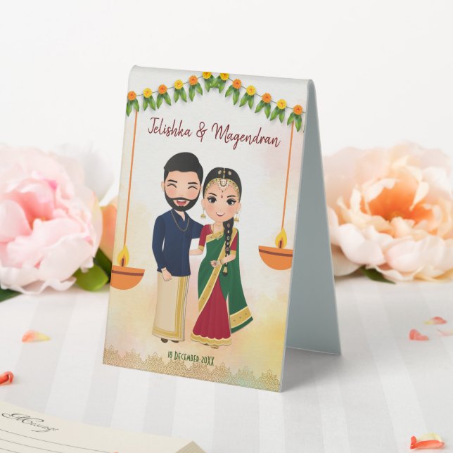 Marigold garlands with Hindu couple Tamil wedding Table Tent (In SItu (Wedding))