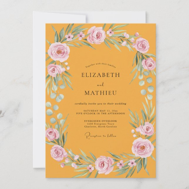 Marigold Pink Ranunculus Eucalyptus Wedding Invitation (Front)